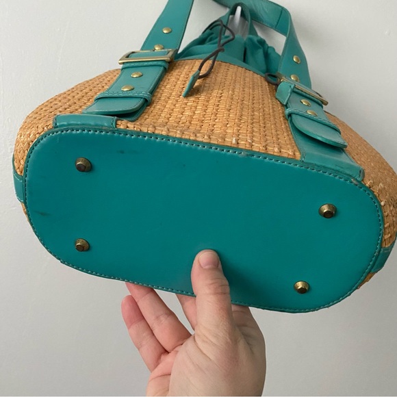 Kate Landry straw and teal leather tote bag - Picture 3 of 9